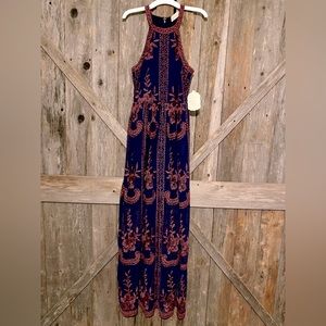 Altered State Onawei Maxi Halter Dress Navy Red Lace Floral Small